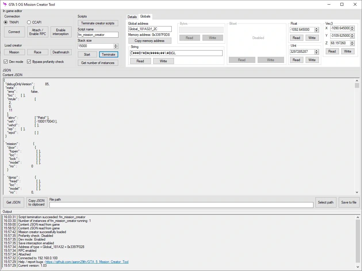Changing a Vec3 global variable and terminting an in-game script